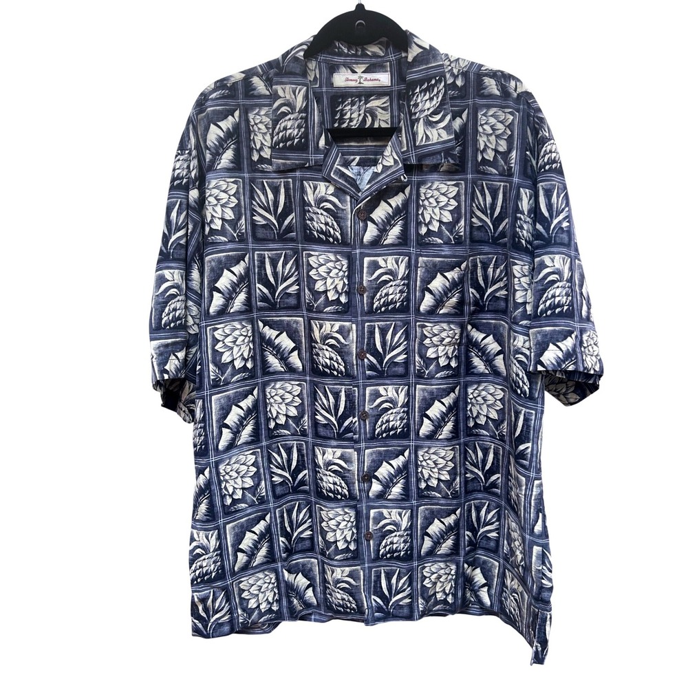 Tommy Bahama Mens Silk Pineapple Leaf Print Camp Shirt XL Blue White
